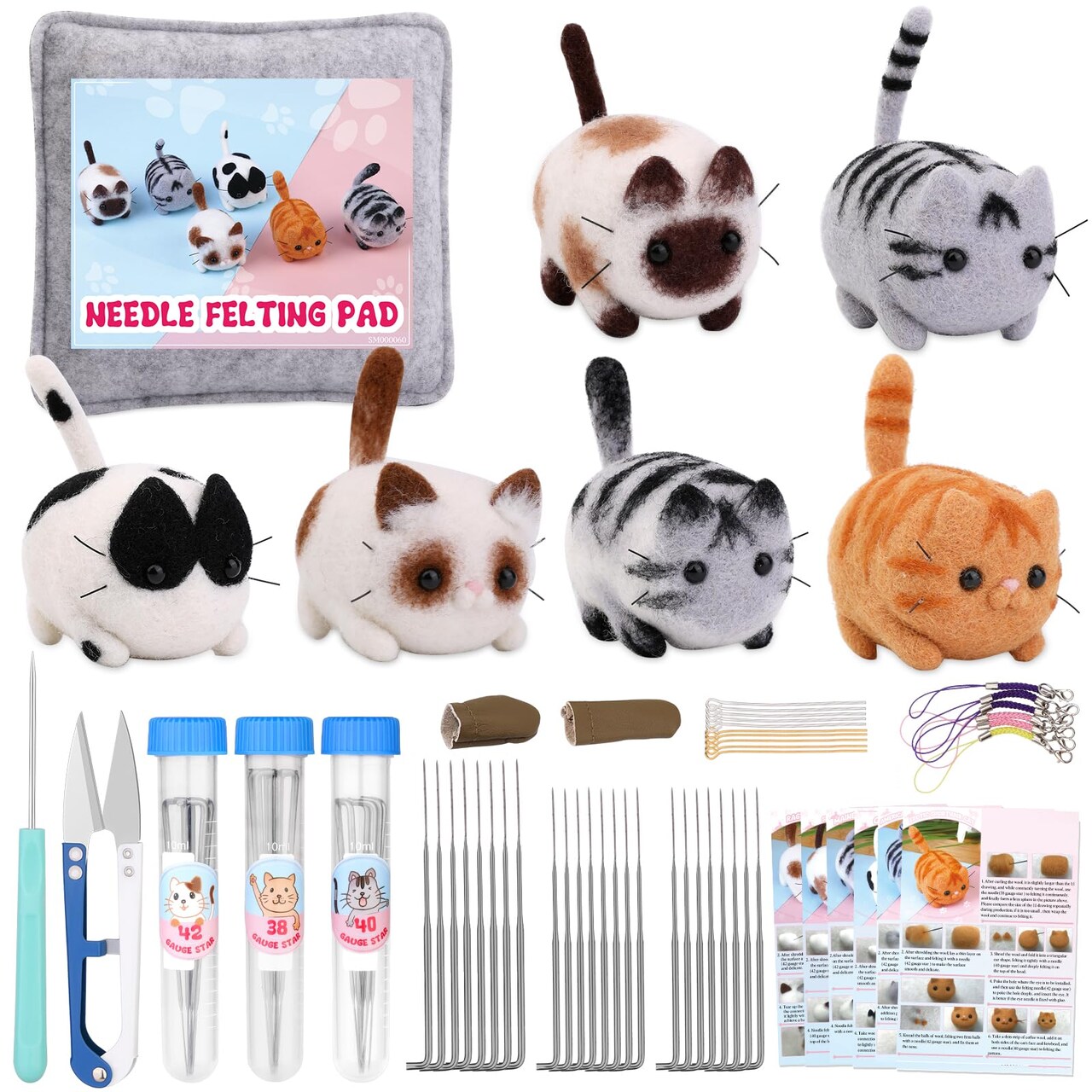 Needle Felting Beginners Kit with Box,Needles Felting Supplies with 24Pcs Felting Needles,Felting Pad,Wool Roving,DIY Needle Felting Cat Dolls